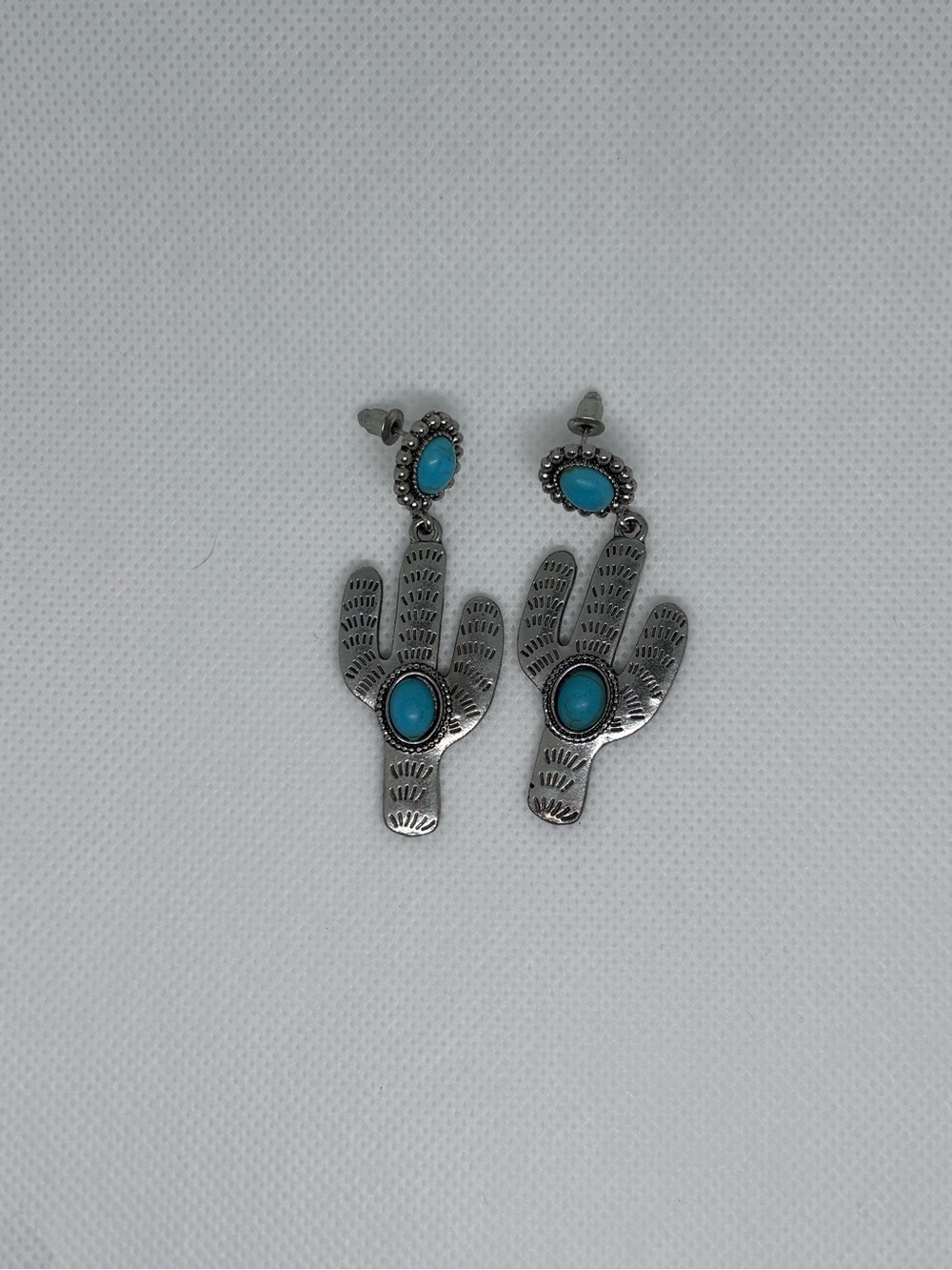 Turquoise Accent Silver Cactus Drop Earrings - Women Jewelry